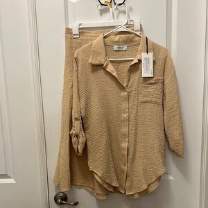 Yana K Taupe Button-Up Shirt and Skirt 2 piece Set size small
